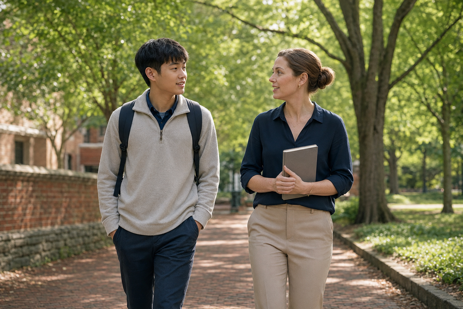 A high school student speaking with an educator on campus